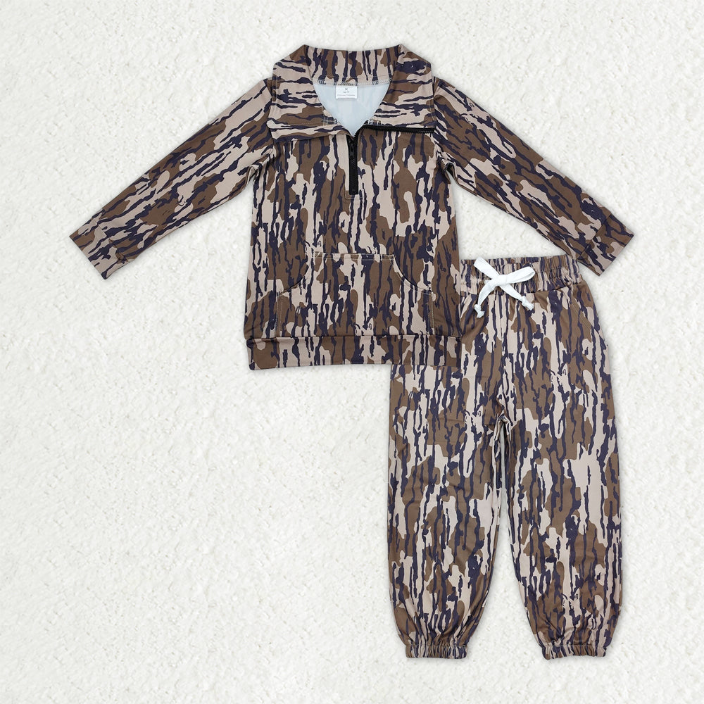 BLP1317 Baby Boys Olive Camo Long Sleeves Pocket Zipper Pullover Top Jogger Pants Clothes Set D 1016