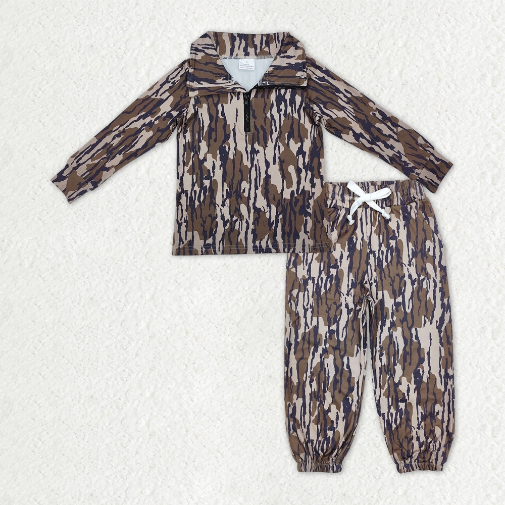 BLP1321 Baby Boys Olive Camo Long Sleeves Zipper Pullover Pocket Jogger Pants Clothes Set D 1016