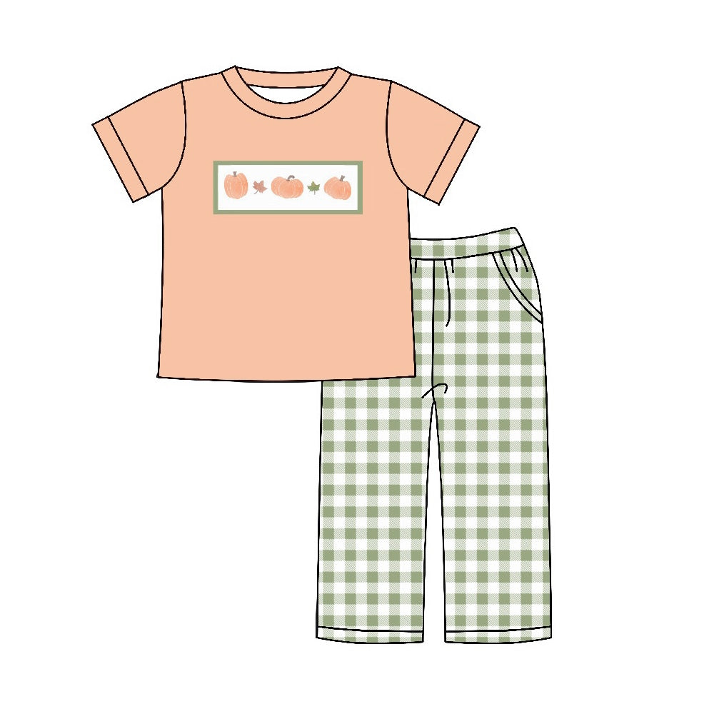 BSPO0451 Pumpkin Leaf Pink Orange Short Sleeve Green Plaid Trousers Suit