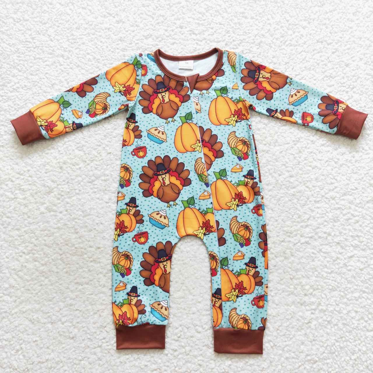 LR0581 Pumpkin Turkey Blue Brown Zip Long Sleeve Jumpsuit