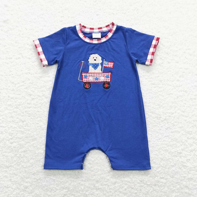 SR0749 Embroidery Stars and Flags Puppy Stroller Red and White Plaid Trim Blue Vest Onesie D 6.5