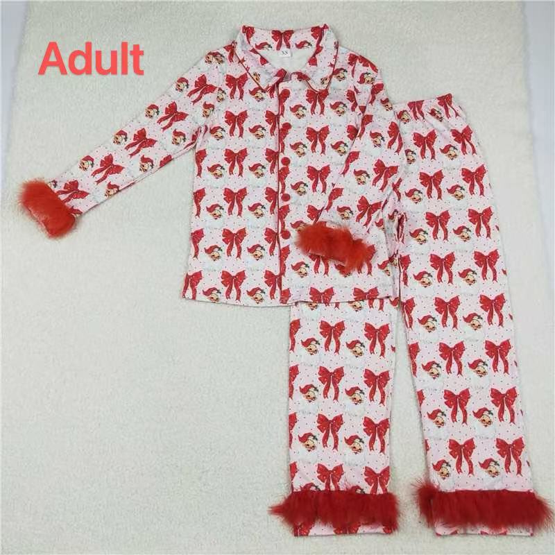 Mama and Me Red Bows Santa Button Top Pants Christmas Fur Pajamas Sets D 920