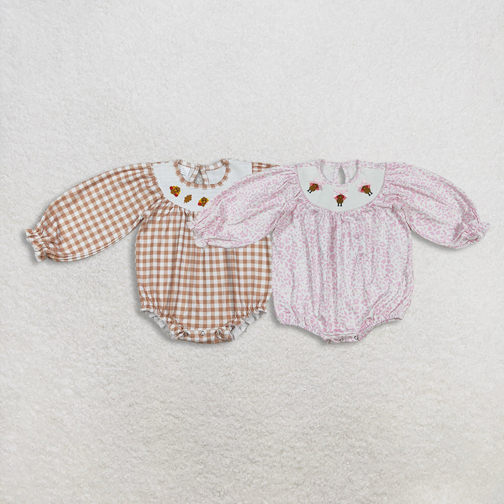 Sibling Baby Infant Girls Thanksgiving Turkey Smocked Rompers D 1025