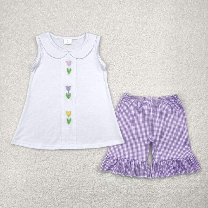 Match Embroidery Baby Girls Flowers Bows Tops Ruffle Shorts Clothes Sets D 5.22