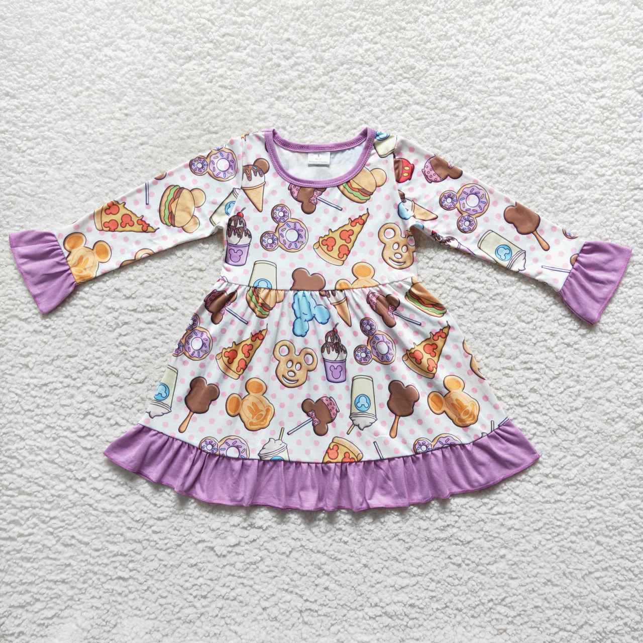 GLD0265 Cartoon Pizza Burger Polka Dot Purple Lace Long Sleeve Dress
