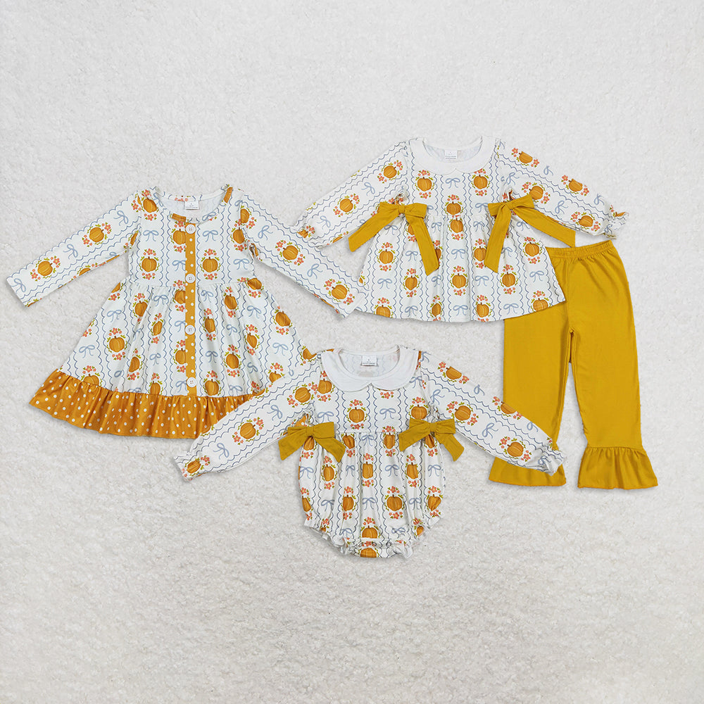 Sibling Baby Girls Yellow Pumpkins Bows Plaid Tunic Ruffle Pant Fall Set Romper Dress D 901
