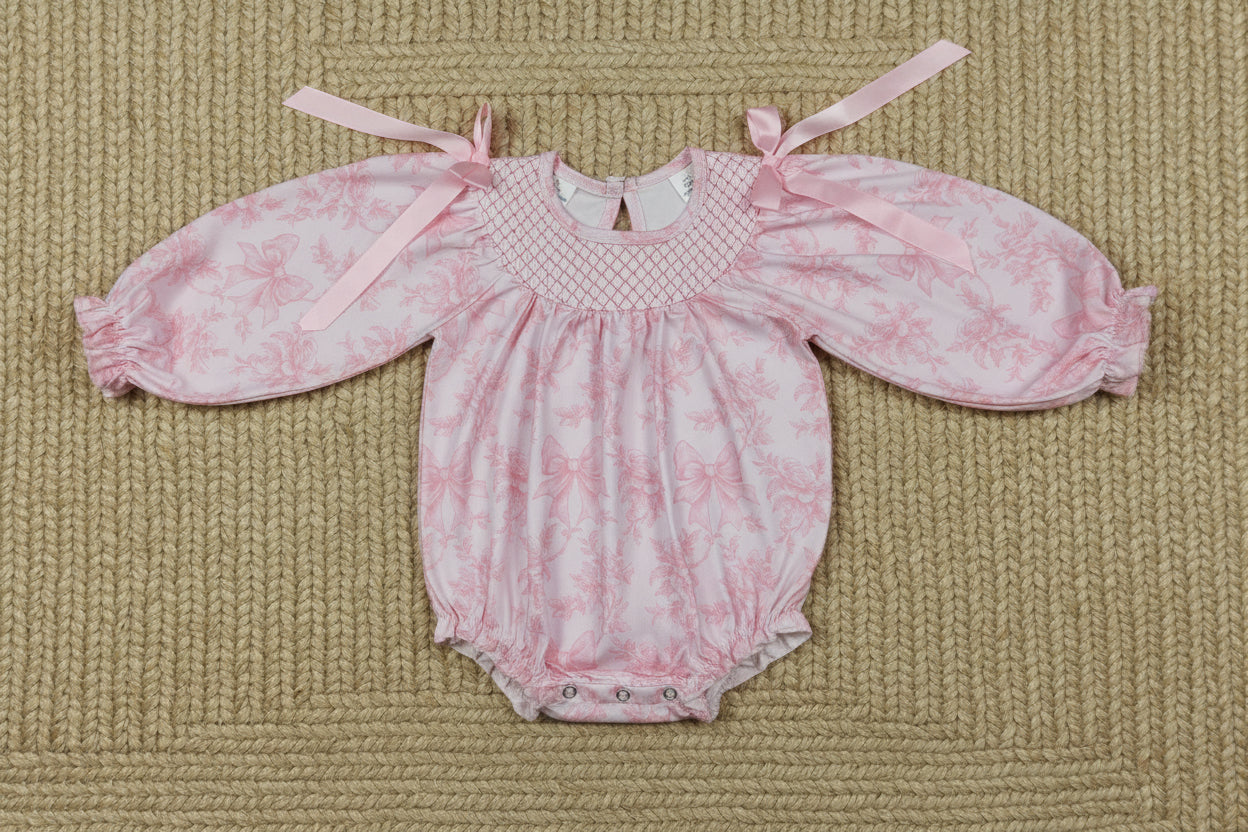long sleeve pink floral coquette smock bubble romper