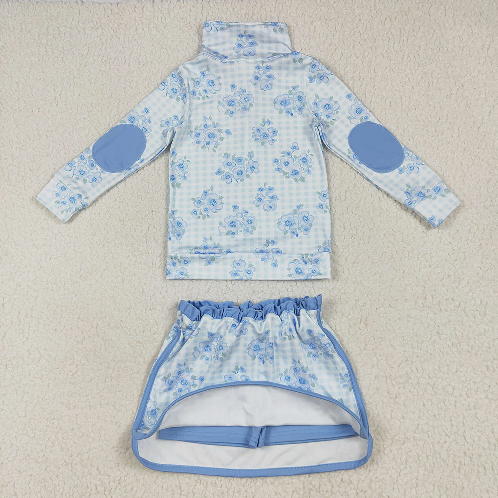 GLD1097 Baby Girls Long Sleeves Blue Flowers Plaid Zipper Top Skorts Yoga Set D 6.21