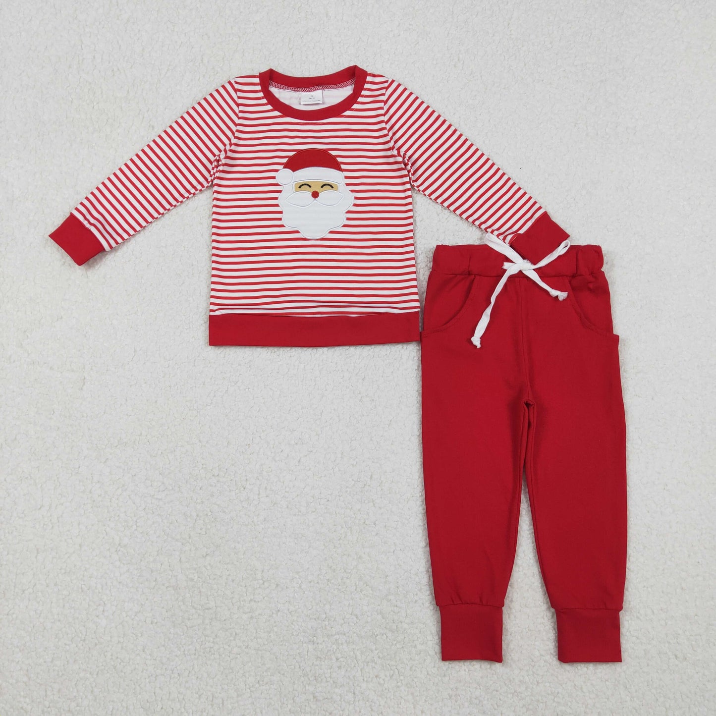 BLP1223 Embroidery Santa Baby Boys Red Stripe Top Pockets Jogger Pants Christmas Clothes Sets D 1030