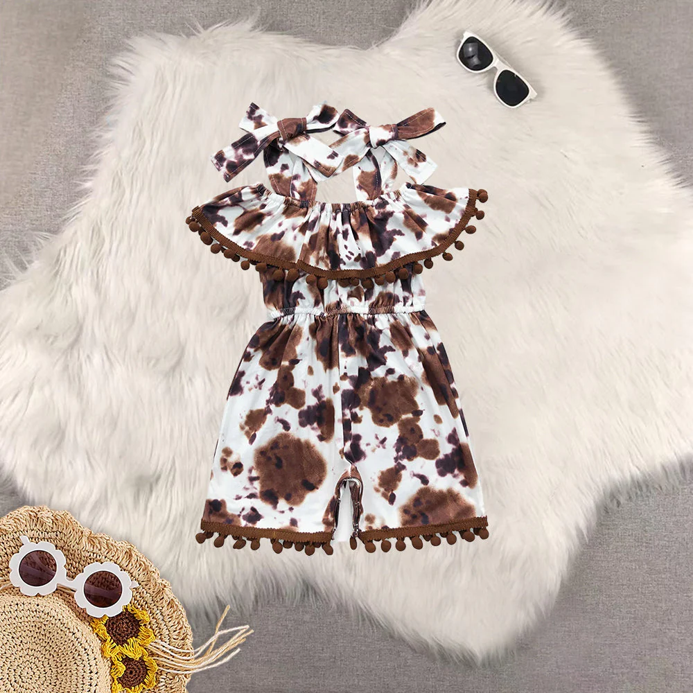 Match Baby Girls Summer Cow Print Bow Knee Length Dress Jumpsuit Zipper Rompers D 6.16