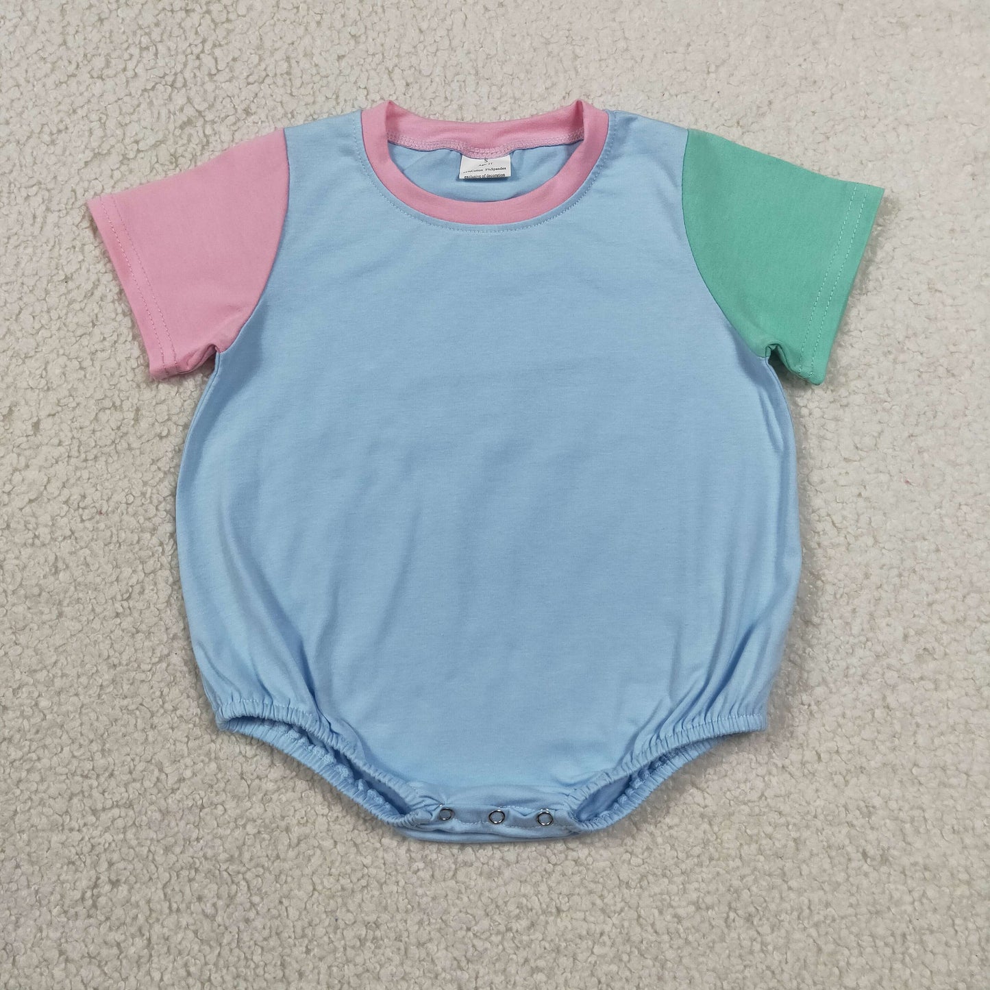 blue pink green contrast color bubble romper