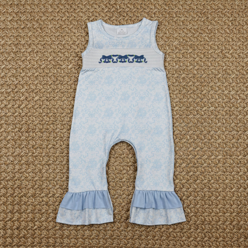 sleeveless blue bow smocked ruffle romper