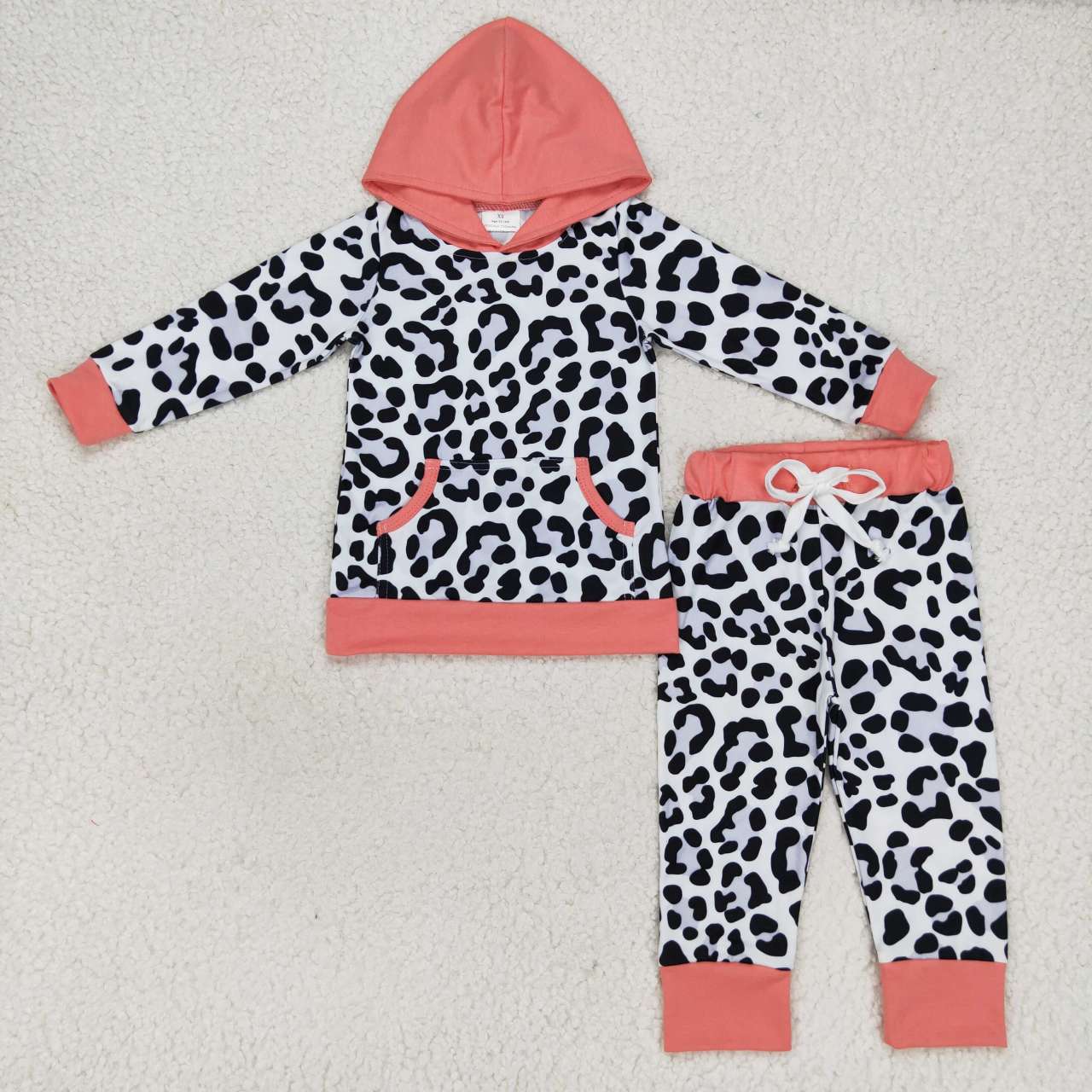GLP0795 Leopard print pocket pink hooded long sleeve trousers suit