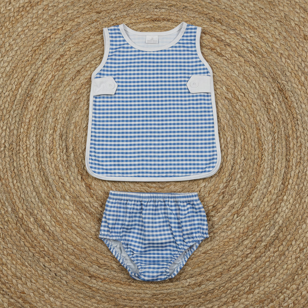 sleeveless white blue gingham bummie set