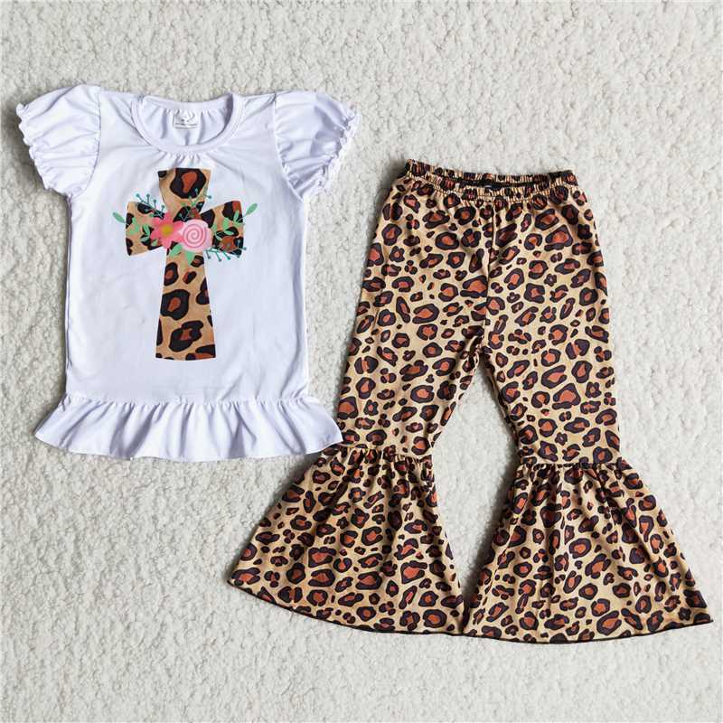 White Short Sleeve Shirt Easter Cross Leopard Bells Set