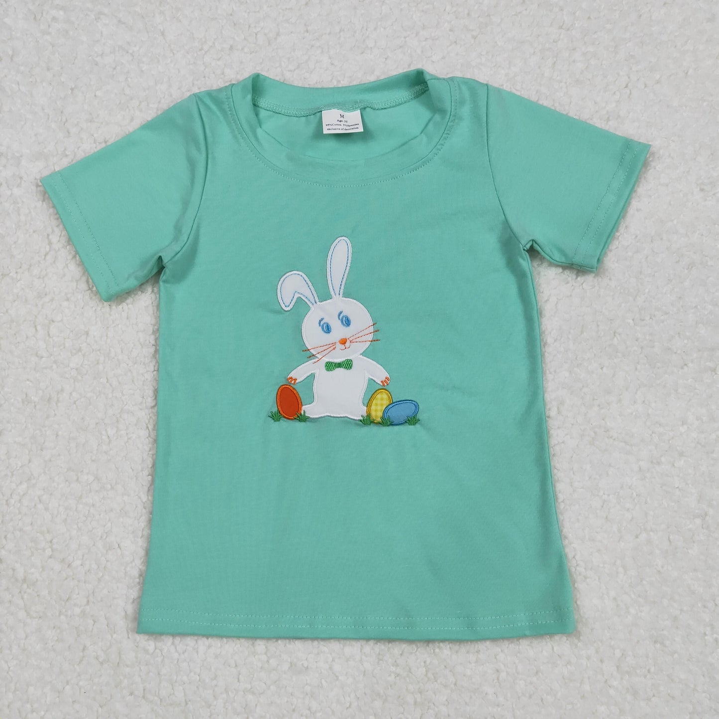 Rabbit Embroidery Green Boys Easter Tee Shirts Top