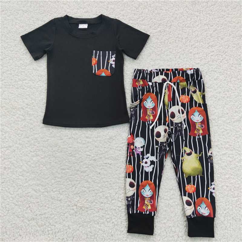BSPO0105 Halloween Black Skull Short Sleeve Witch Magician Black Stripe Lace-up Trousers