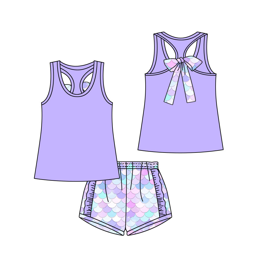 GSSO1060 Scale bow solid color sleeveless blue and purple lace shorts suit
