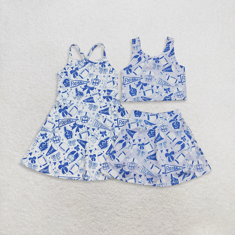 Sibling Baby Girls Blue Bows Footballs Team Shorts Yoga Clothes Set Knee Length Dresses D 908