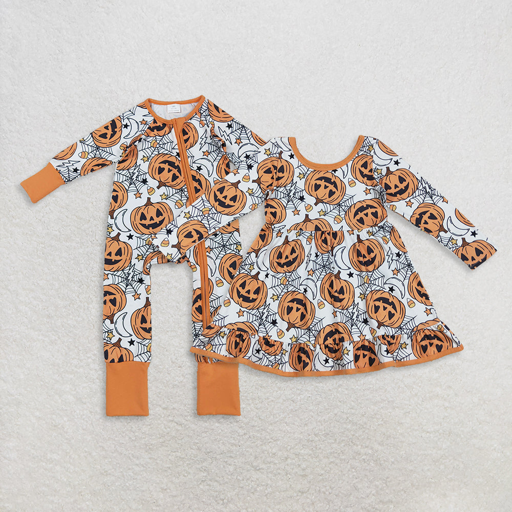 Sibling Baby Girls Ghosts Pumpkins Halloween Zipper Footed Romper Knee Length Dress D 901