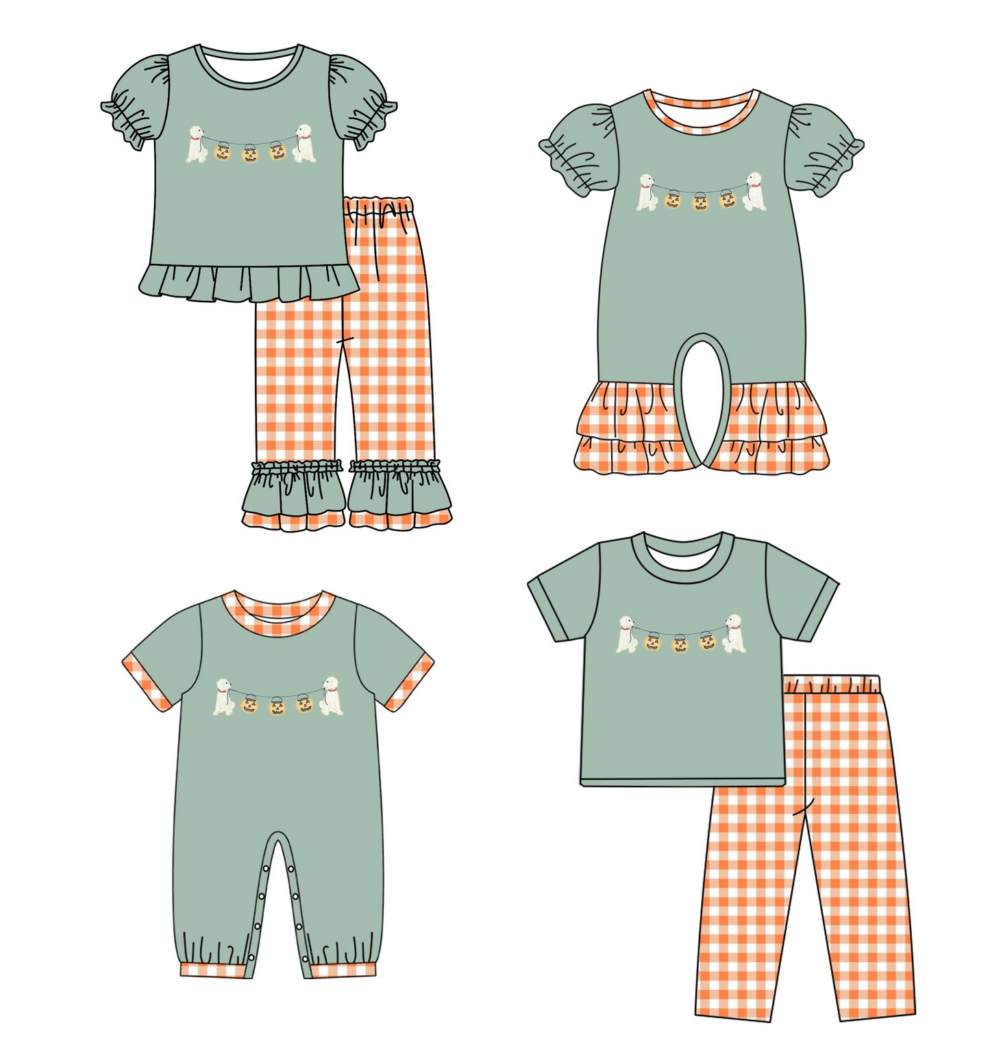SR1793 Halloween pumpkin lantern puppy orange plaid edge teal short-sleeved jumpsuit
