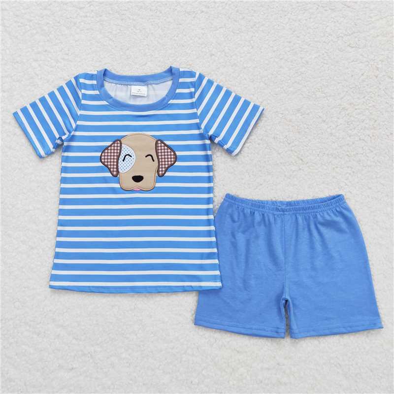Match Embroidery Boys Baby Girls Stripes Dog Summer Clothes Sets D 4.19