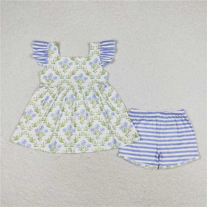 Match Baby Girls Green Blue Flowers Sibling Rompers Clothes Sets