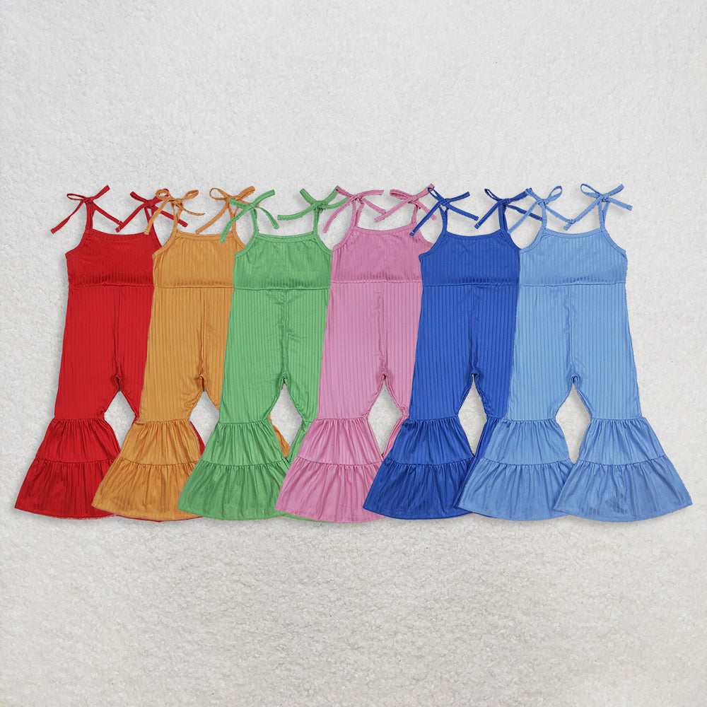 Sibling Baby Girls Colorful Strap Bell Bottom Ribbed Jumpsuits D 901