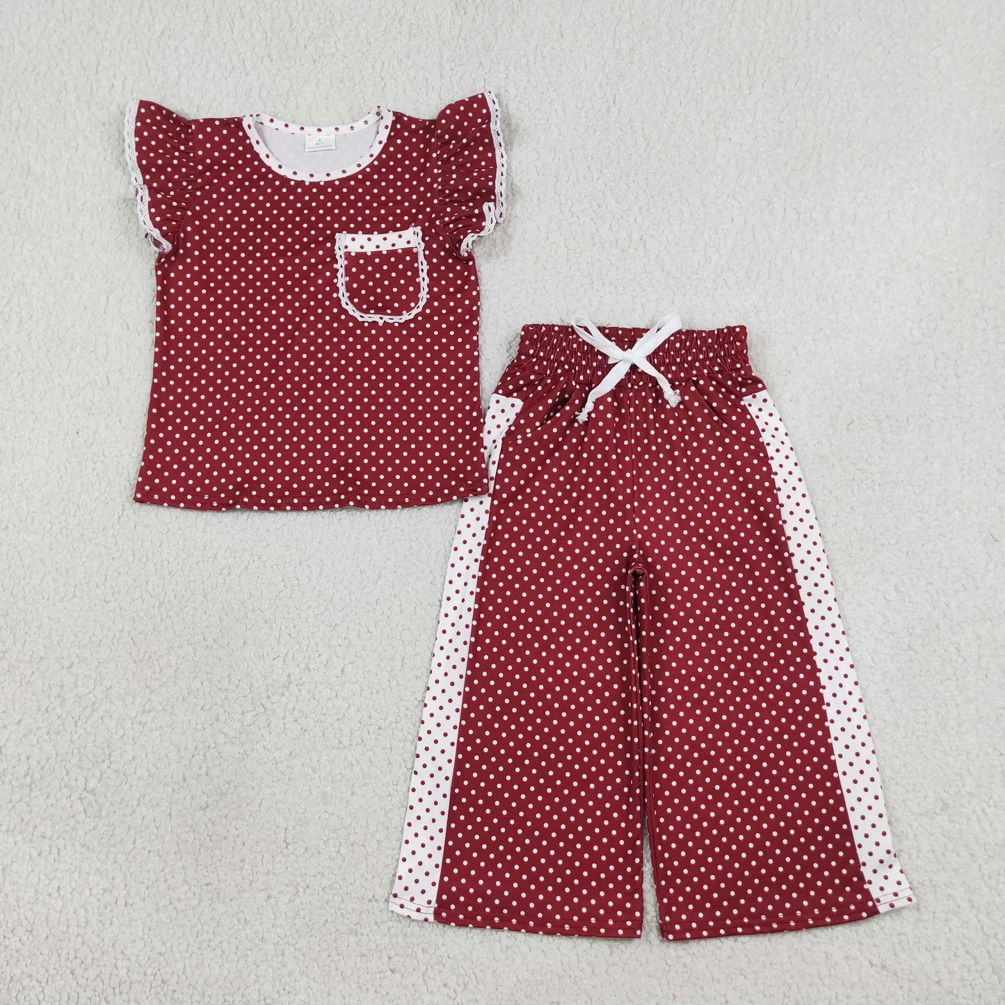 flutter sleeve maroon white polk dots pants set