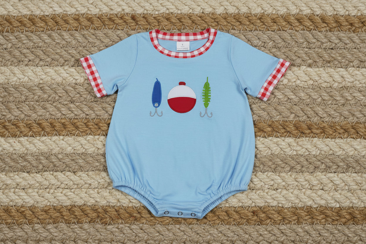 SR3577 gone fishing embroidery blue romper baby boy clothes