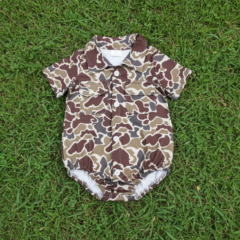 camo button romper with pocket