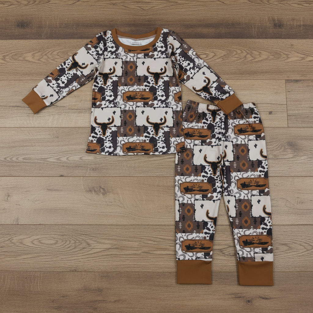 saddle cow print boy two piece pajama