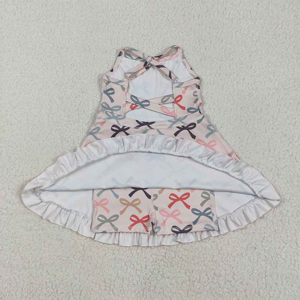GSD2296 Baby Girls Peach Strap Colorful Bows Yoga Ruffle Knee Length Dresses D 4.21