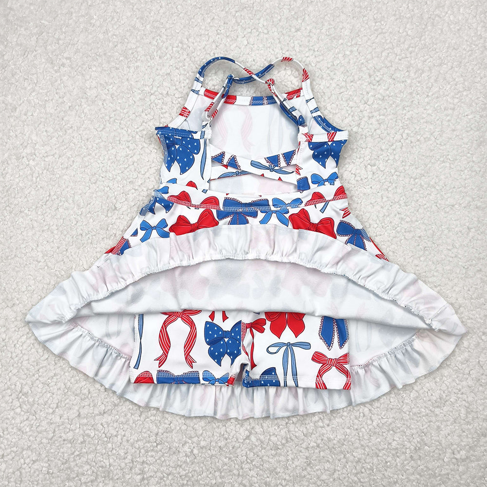 GSD2345 Baby Girls Strap Blue Red Bows 4th Of July Yoga Active Knee Length Dresses D 4.12