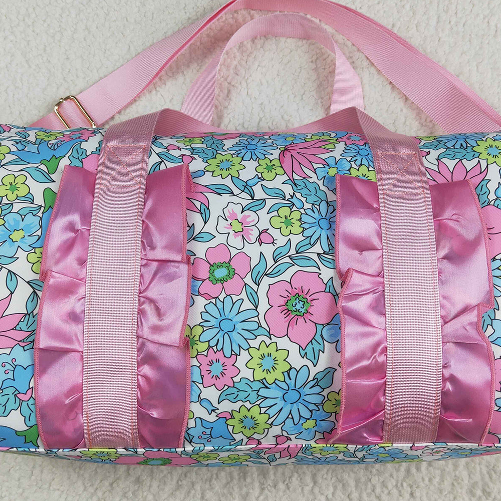 BA0291 Pink Ruffle Blue Floral Print Gym Duffle Bags D 4.24