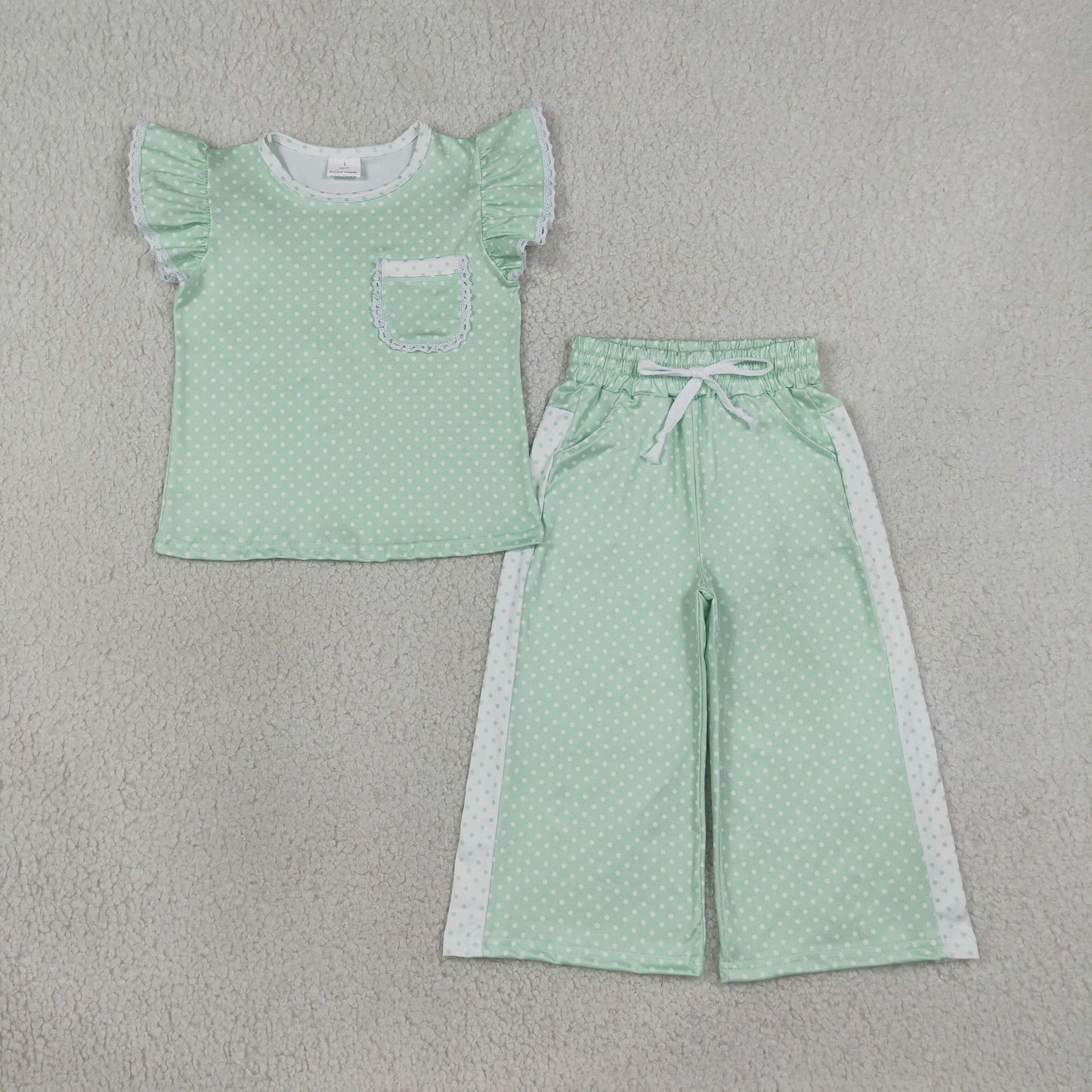 flutter sleeve green white polk dots pants set