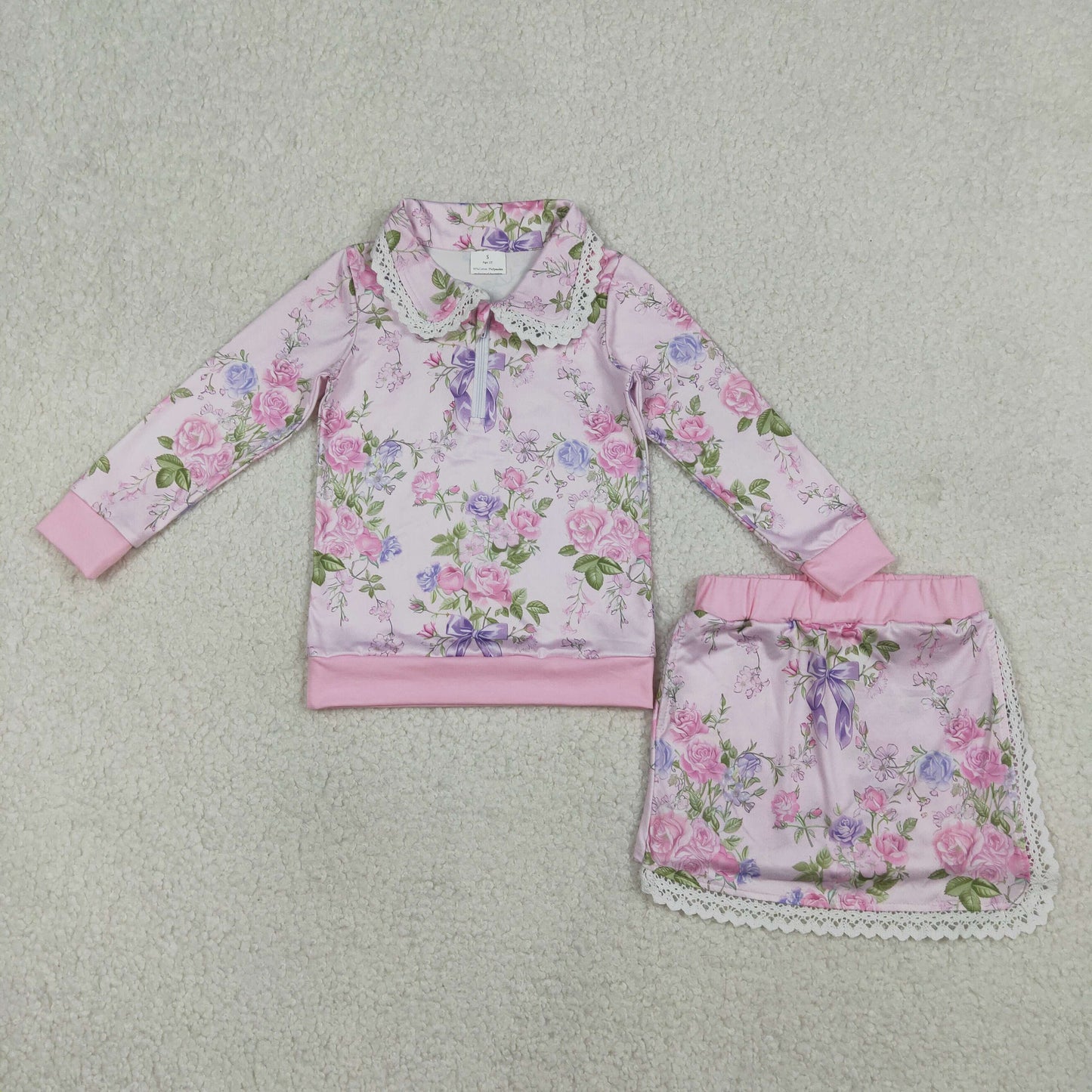 pink flower purple bow L/S skort set