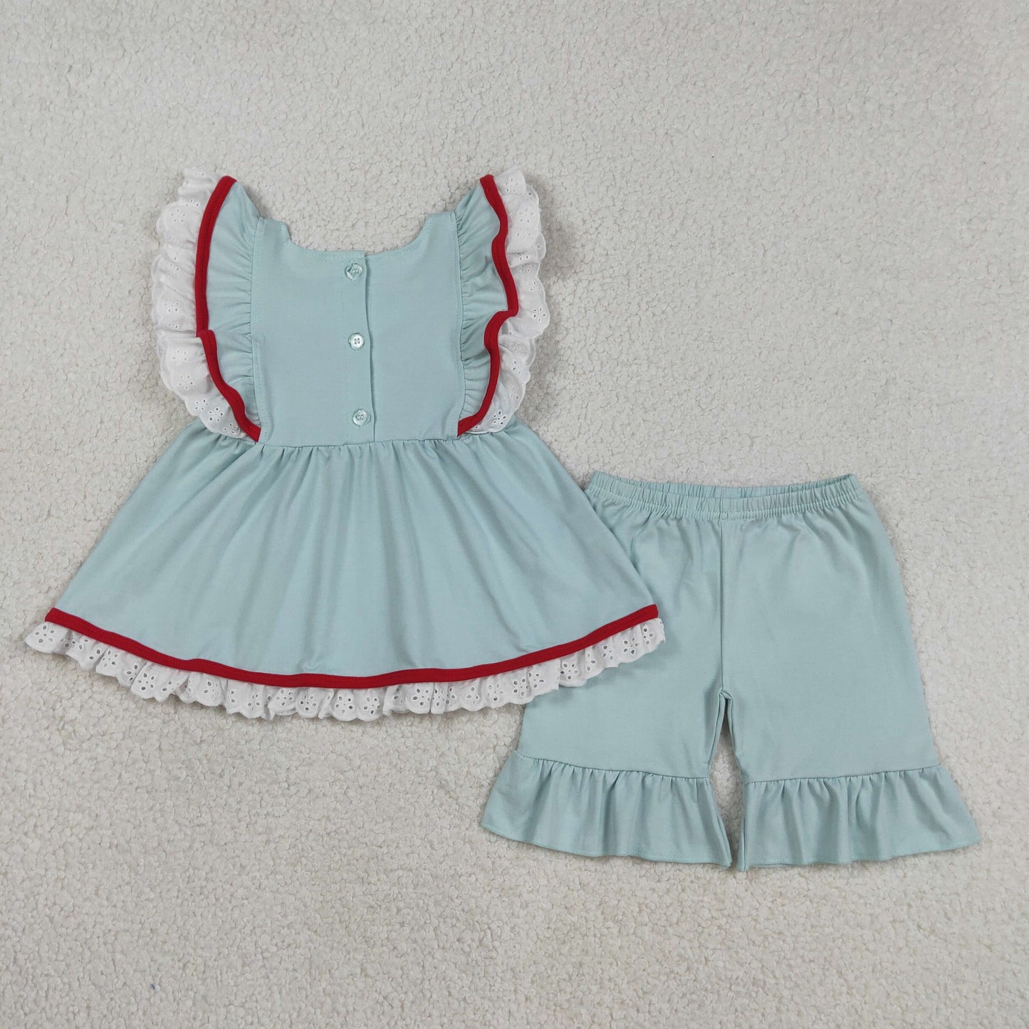 coquette flag embroidery lace sleeve shorts set 4th of july girl clothes