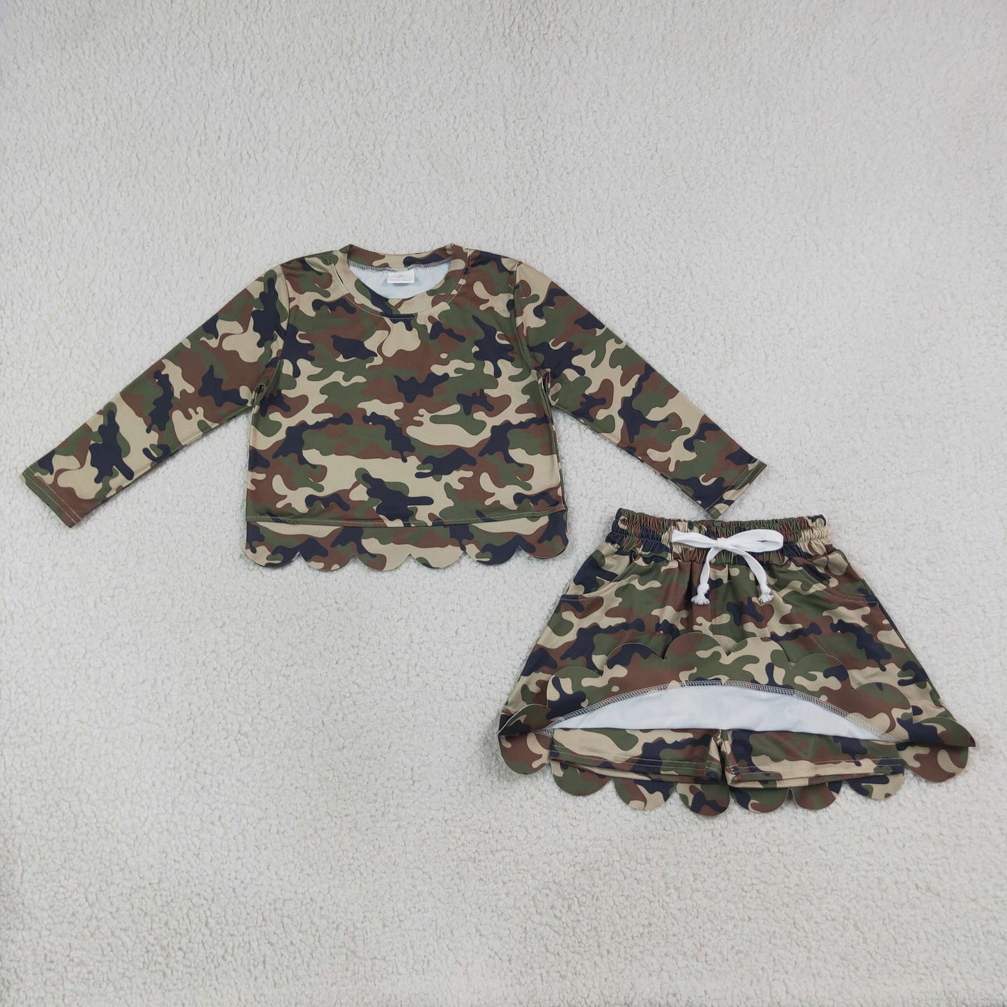 long sleeve camo scallop skort set