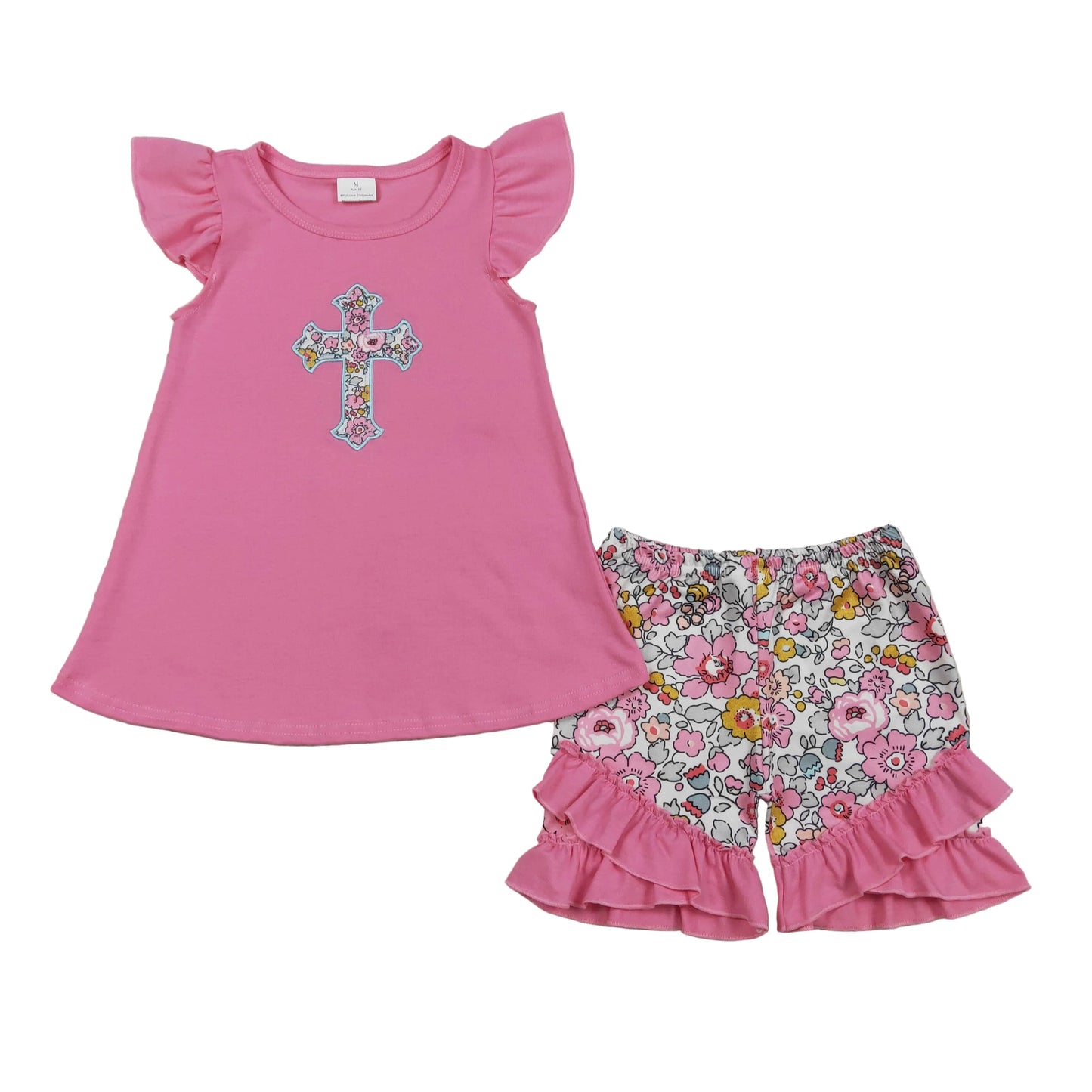 pink floral jesus cross embroidery ruffle shorts set girl easter clothes
