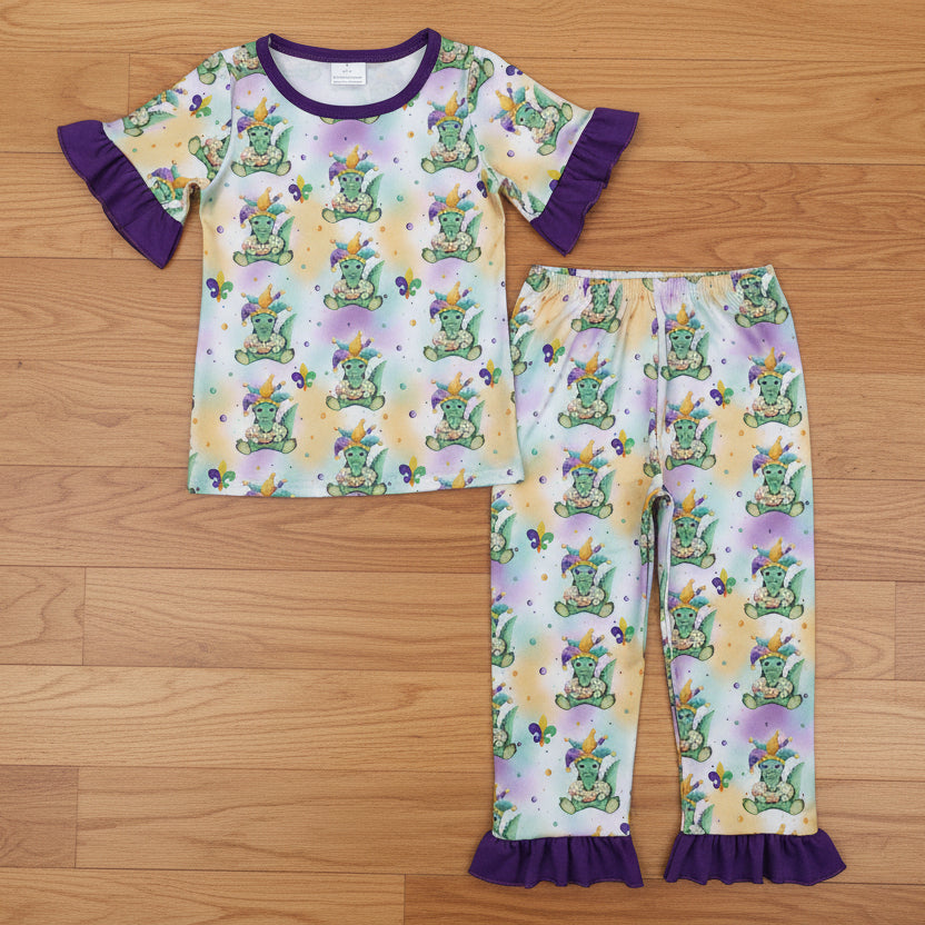 mardi gras dinosaur print pajama set girls sleepwear