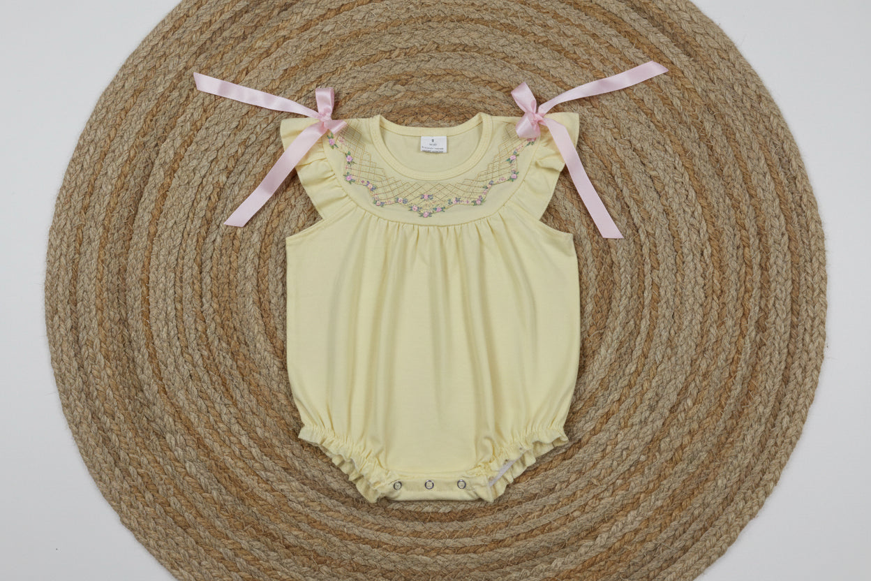 SR3561 yellow embroidery bubble romper baby girl clothes