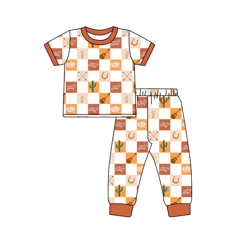 preorder BSPO0353 Guitar Alpine Cow Cactus Hat Orange Brown White Plaid Short Sleeve Long Pants Pajama Set