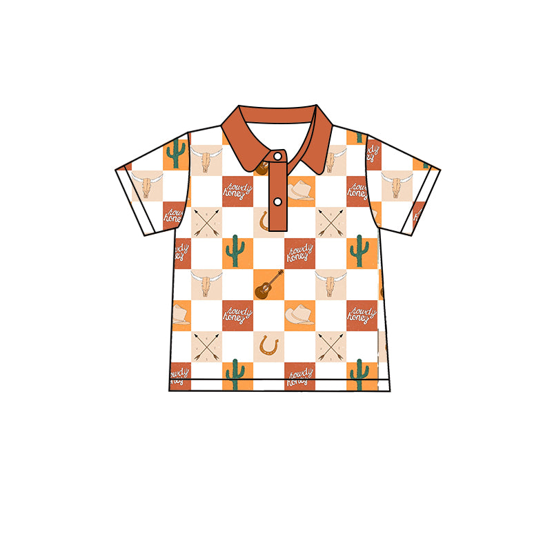 preorder BT0636 Guitar Alpine Cactus Hat Orange Brown White Plaid Short Sleeve Top