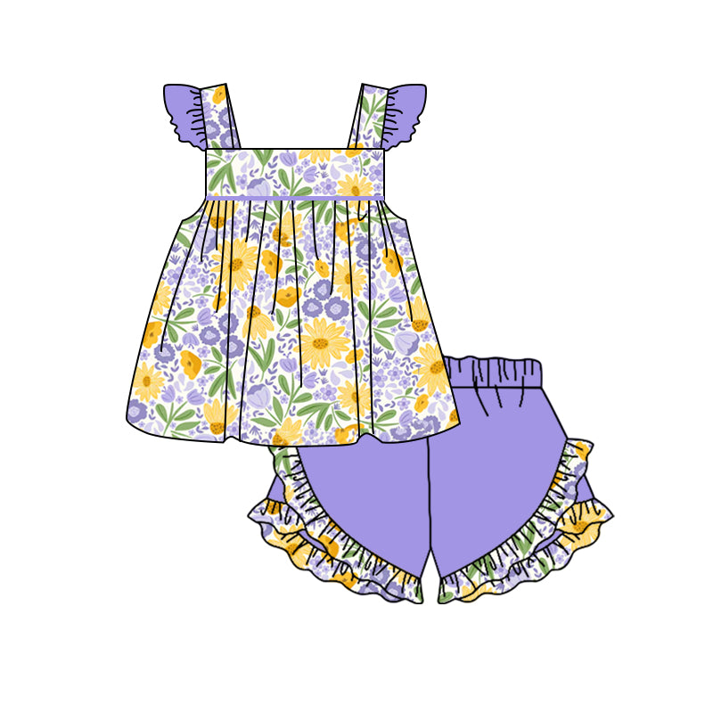 GSSO1177 Pink and purple flower flying sleeve shorts suit