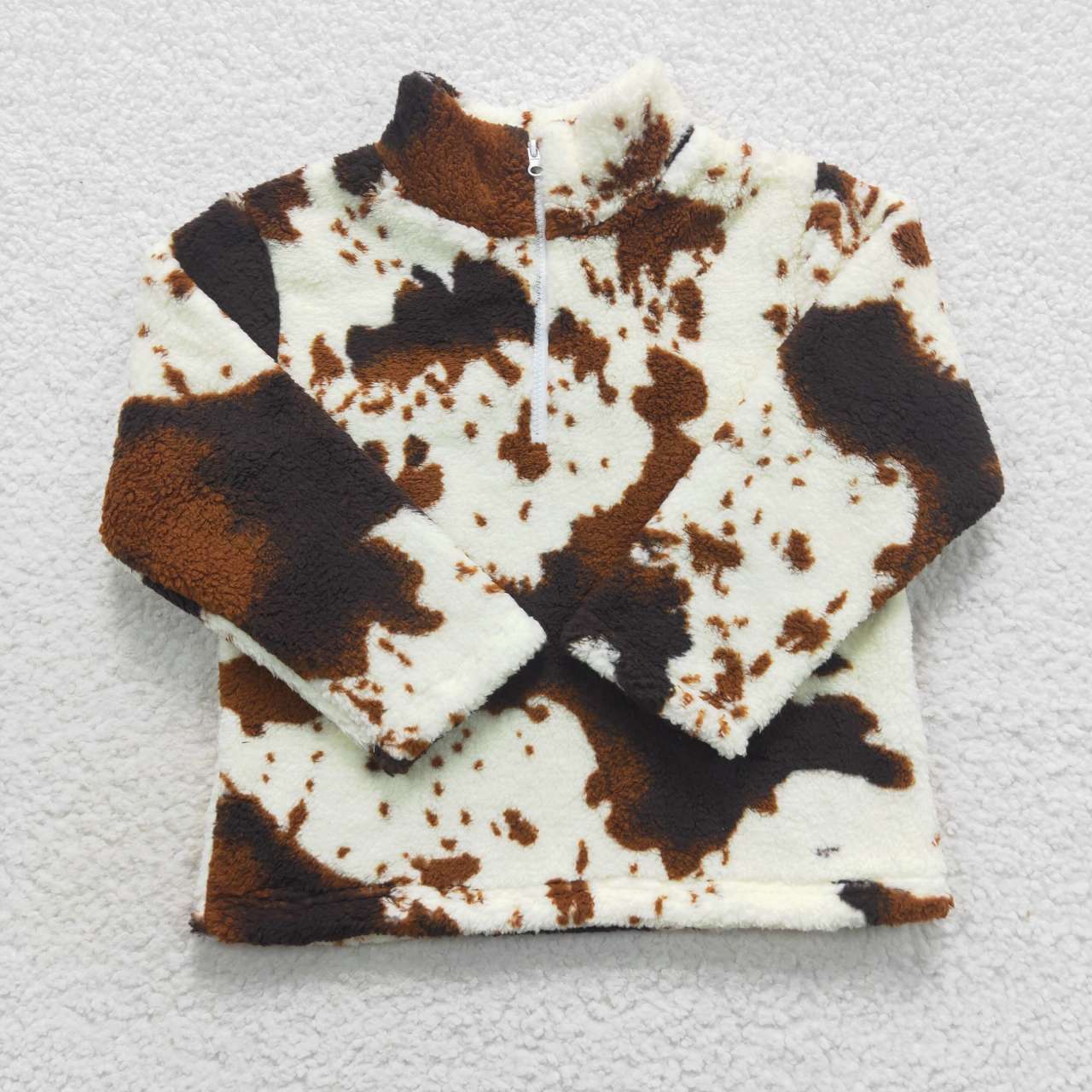 BT0355 Cow Print Zipper Fleece Jacket Long Sleeve Top