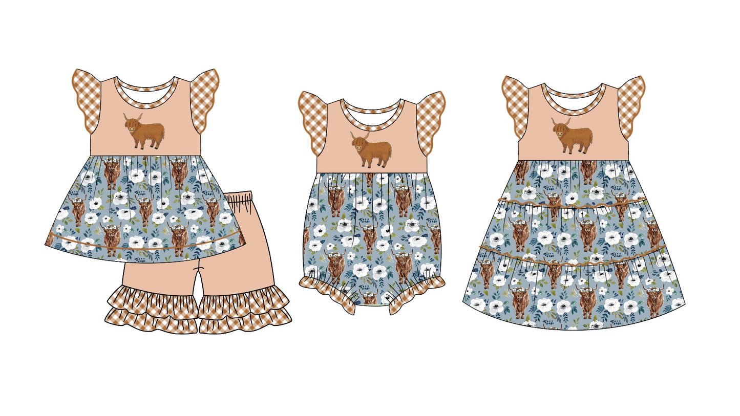 presale GSD1287 Alpine cow head blue brown plaid flying sleeve dress