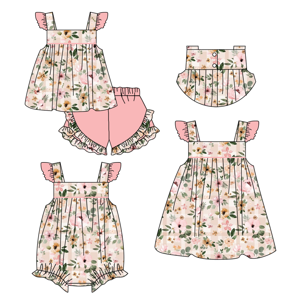 pre-order GSSO1016 Floral plaid pink lace sleeveless shorts suit