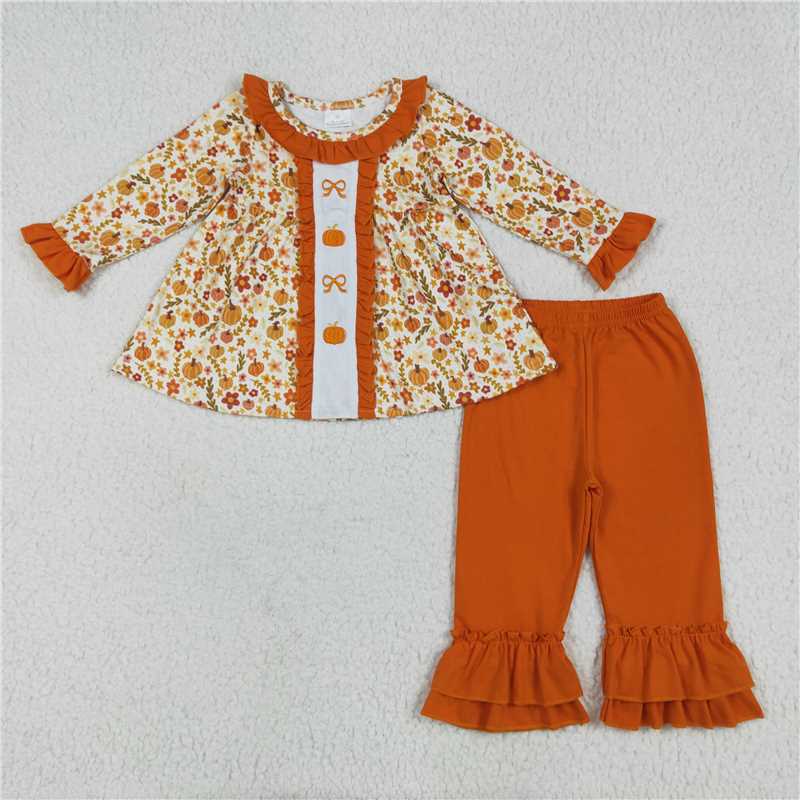 Sibling Embroidery Baby Girls Fall Bows Pumpkins Tunic Pants Set Knee Length Dress Rompers D 6.25