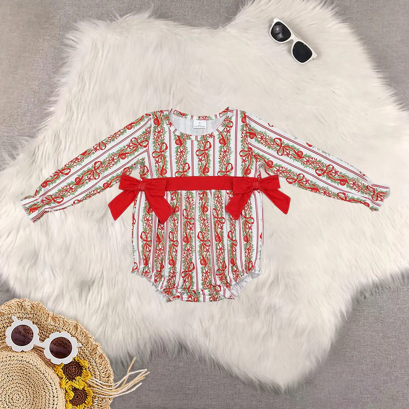 Match Christmas Bow Pattern Green Plaid Pink Long Sleeve Pants Set Romper D 5.26